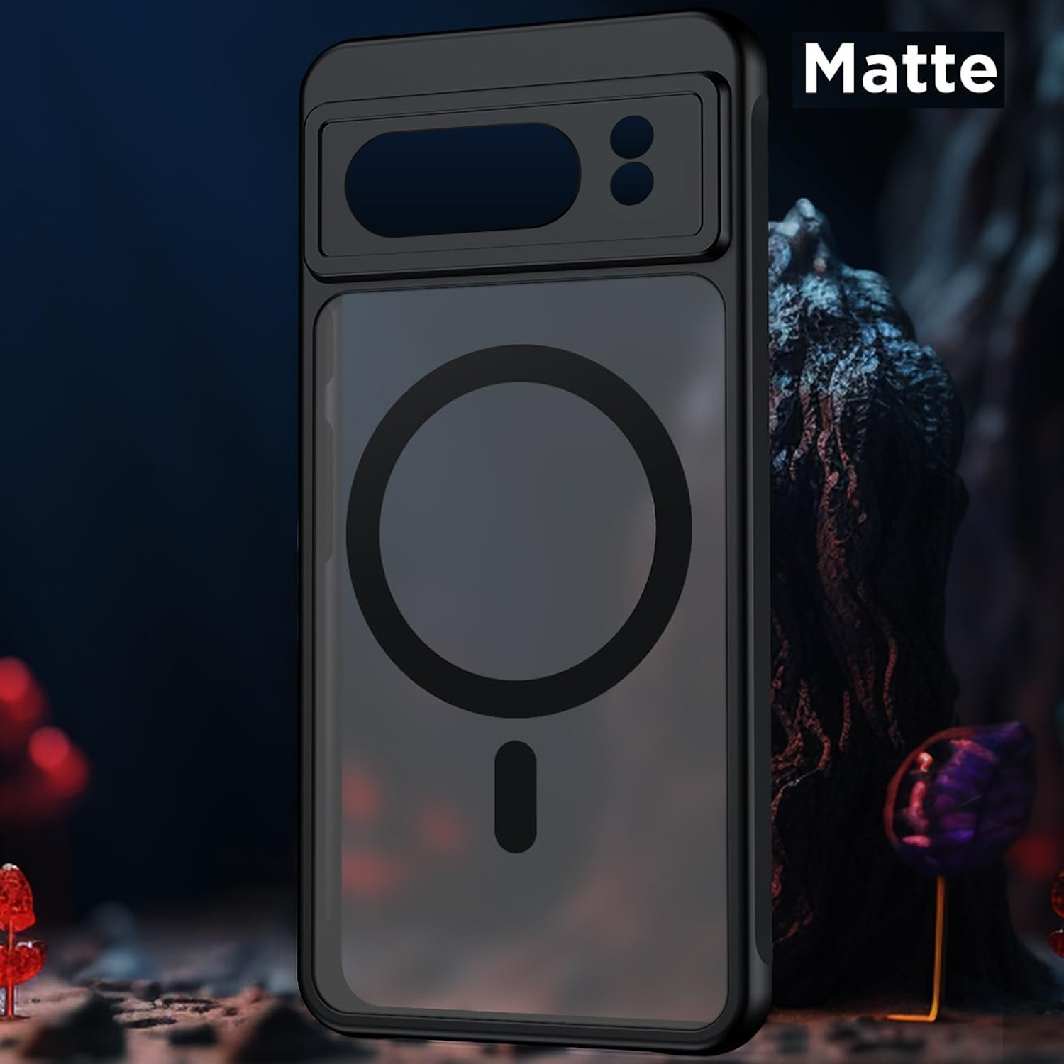 Eine schwarze, matte Handyhülle. Sie hat ein magnetisches Kreisdesign und eine klare Rückseite.