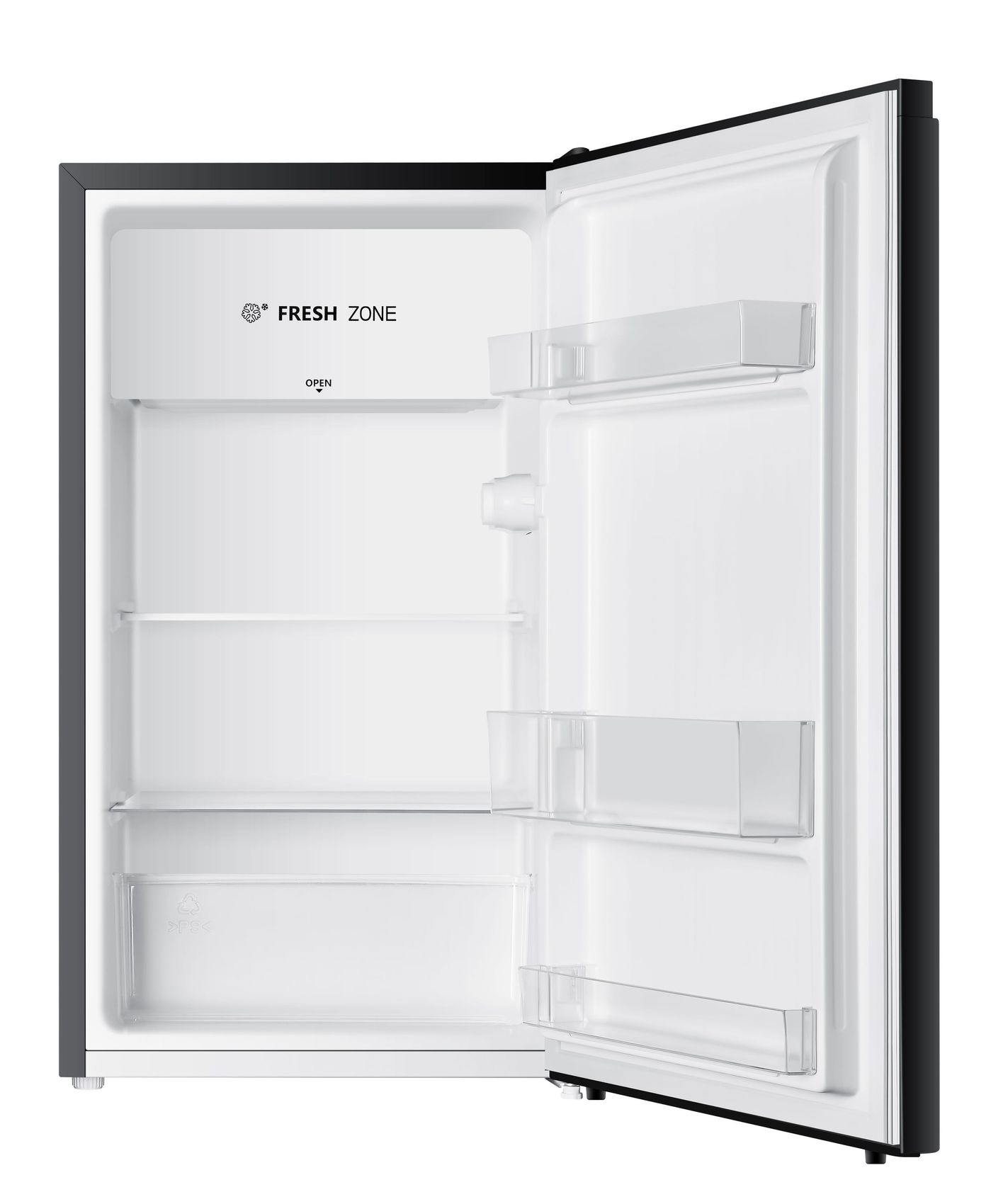 Offener Kühlschrank mit Regalen und dem Label 'Fresh Zone'. Schwarzer Rahmen und weißes Innere.