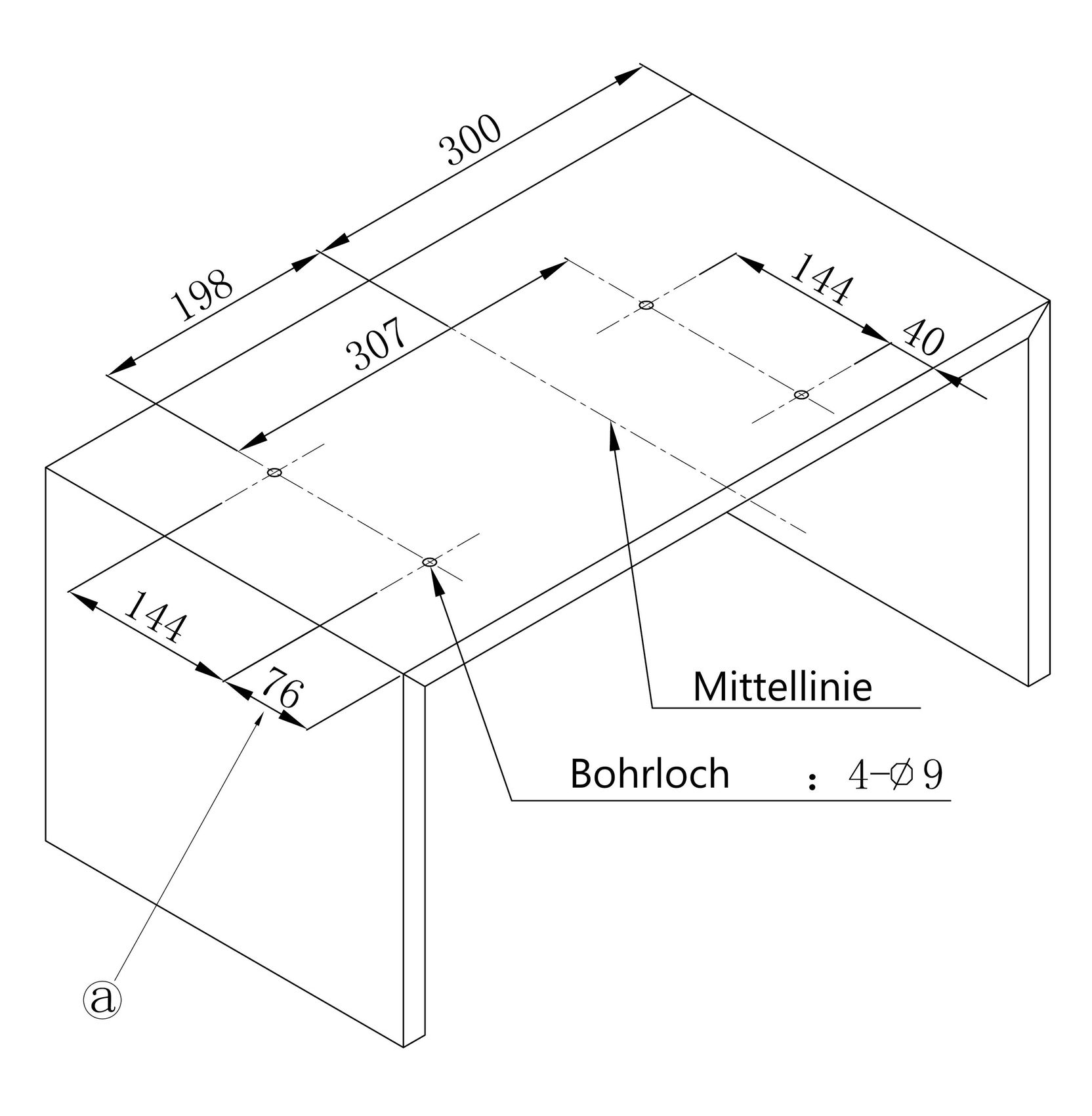 Isometrische Zeichnung eines Tisches mit Maßen und Beschriftungen.