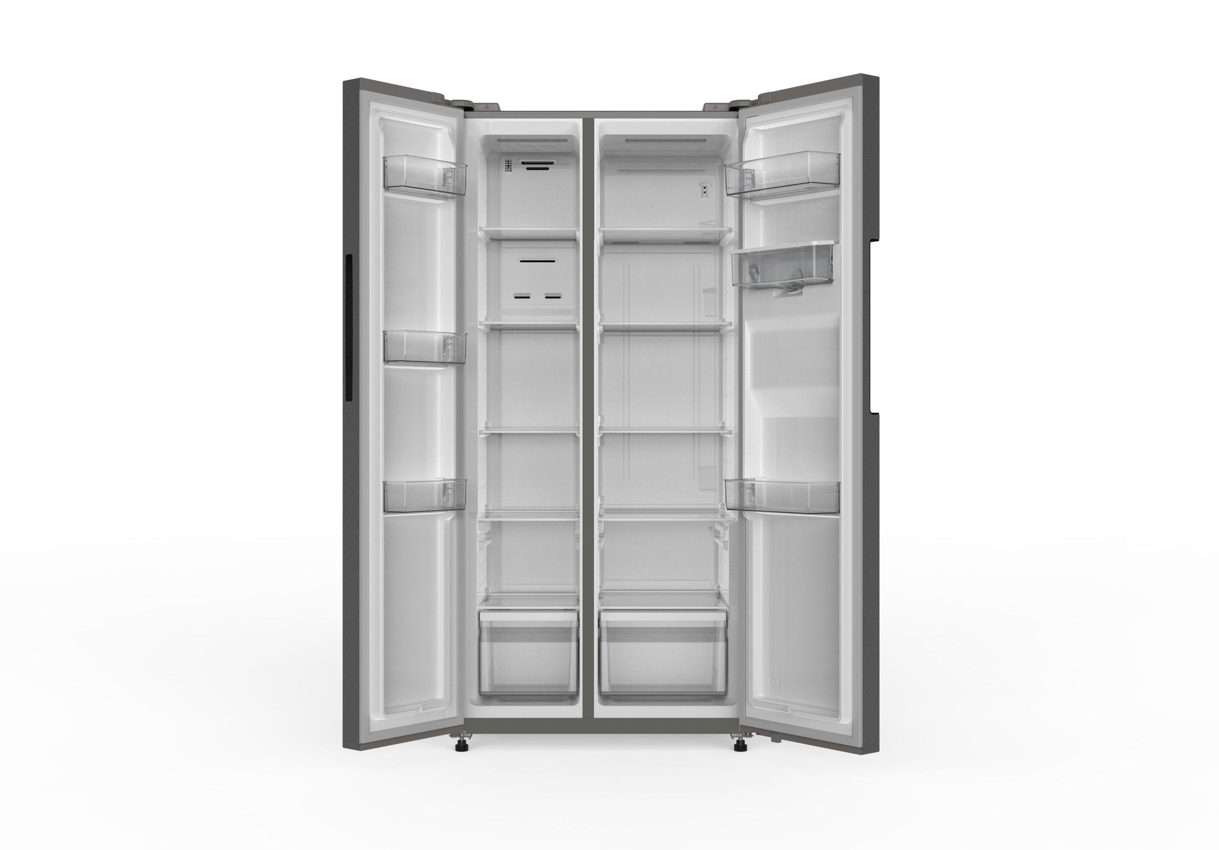 Grauer Kühlschrank mit geöffneten Doppeltüren, Regalen, Schubladen und Innenfächern.