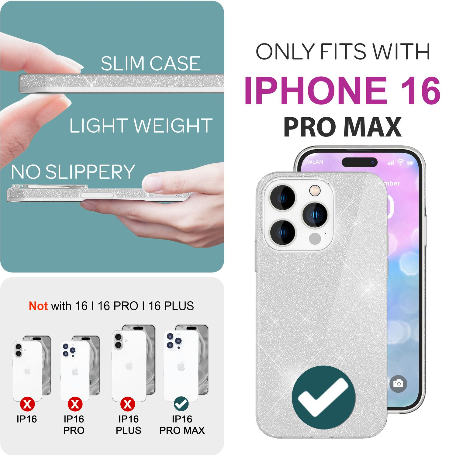 iPhone 16 Pro Max-Handyhülle. Zeigt die Hülle auf einem Telefon mit funkelndem Design. Die Hülle hat ein Häkchen.