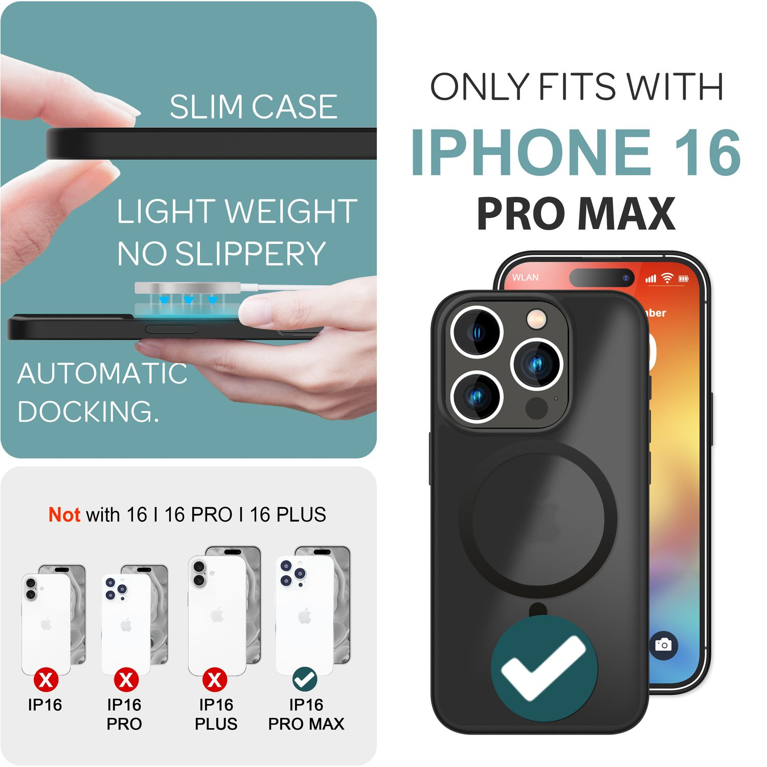 Diagramm, das eine Handyhülle zeigt. Die Hülle ist nur mit dem iPhone 16 Pro Max kompatibel.