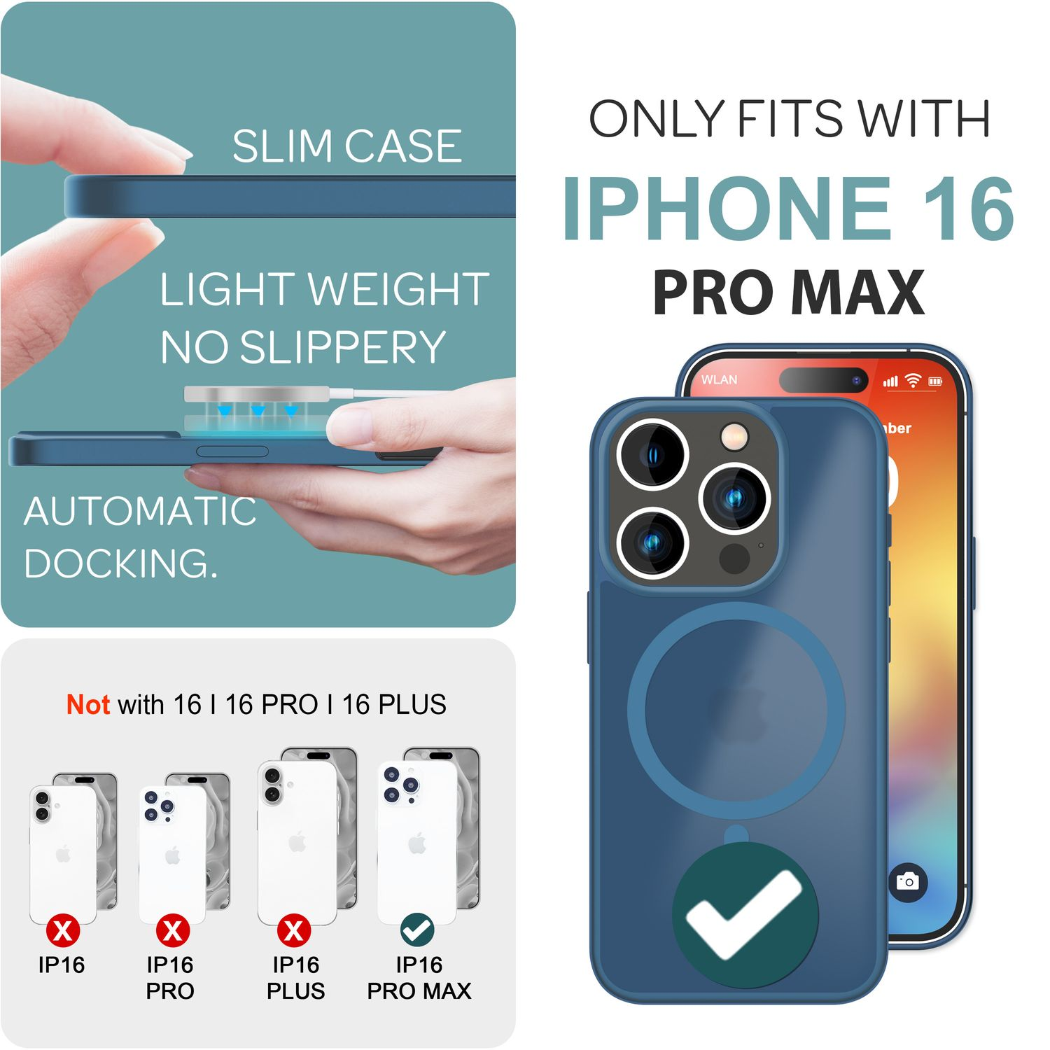 Bild einer Handyhülle, die nur mit dem iPhone 16 Pro Max kompatibel ist und nicht mit anderen.