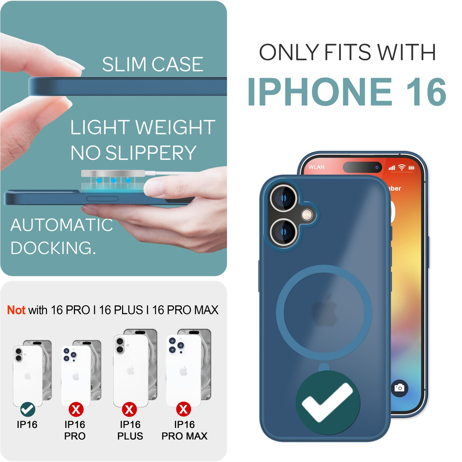 Eine blaue Handyhülle mit einem weißen Häkchen. Die Hülle und das Telefon werden mit dem Text: 'Nur passend für iPhone 16' gezeigt.