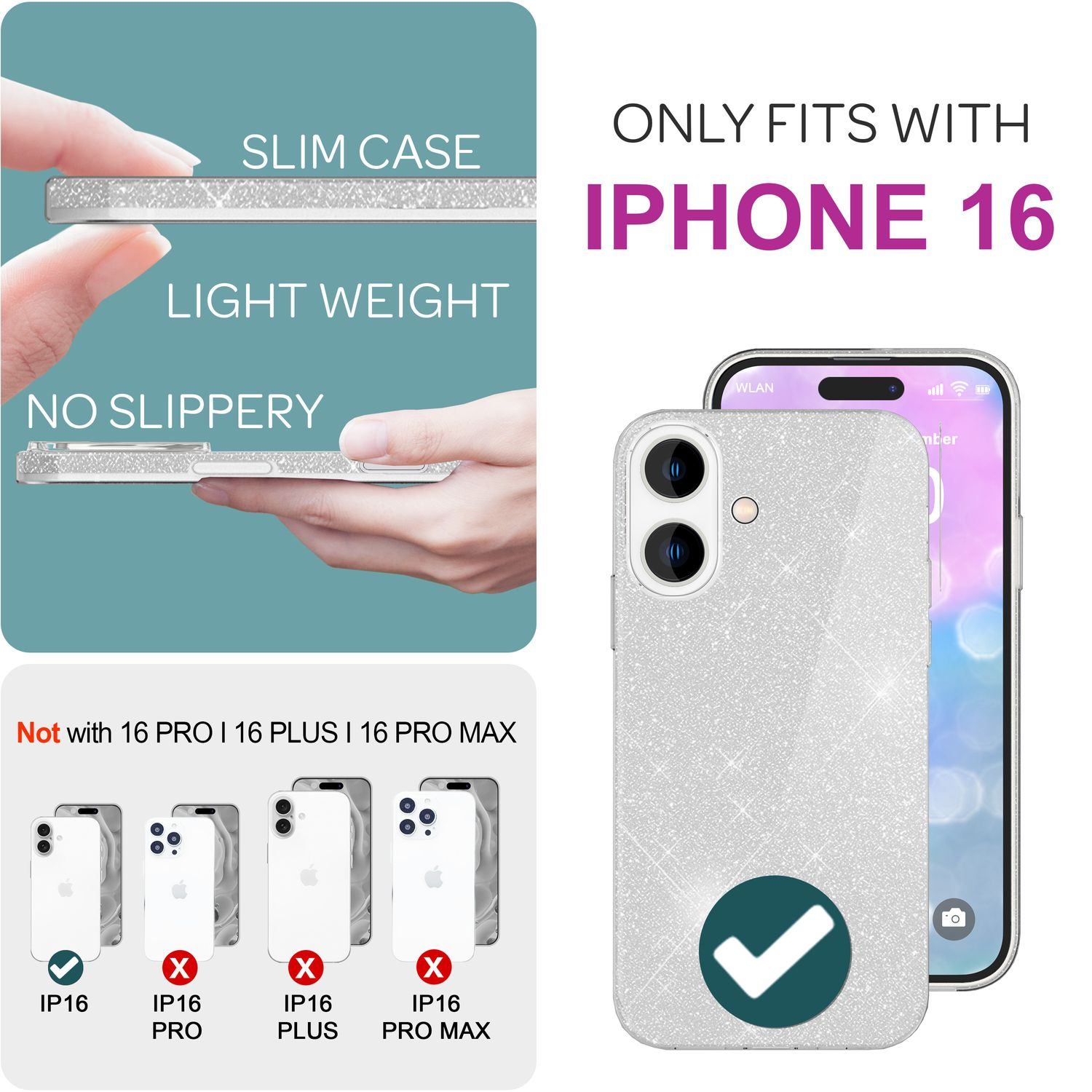 Handyhülle, glitzernd silberfarben, mit Text 'Only fits with iPhone 16'.