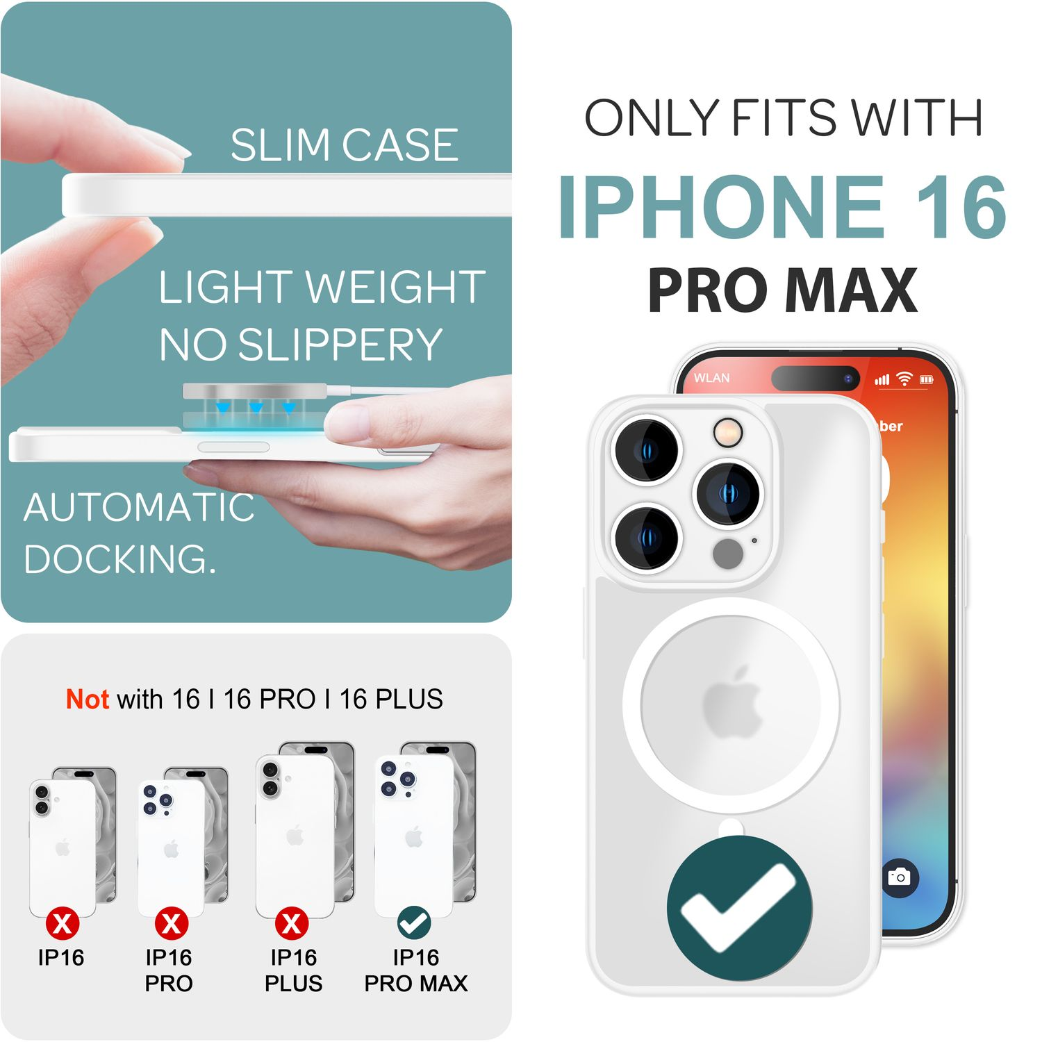 Bild: Diagramm einer Handyhülle, die nur für das iPhone 16 Pro Max passt. Nicht kompatibel.