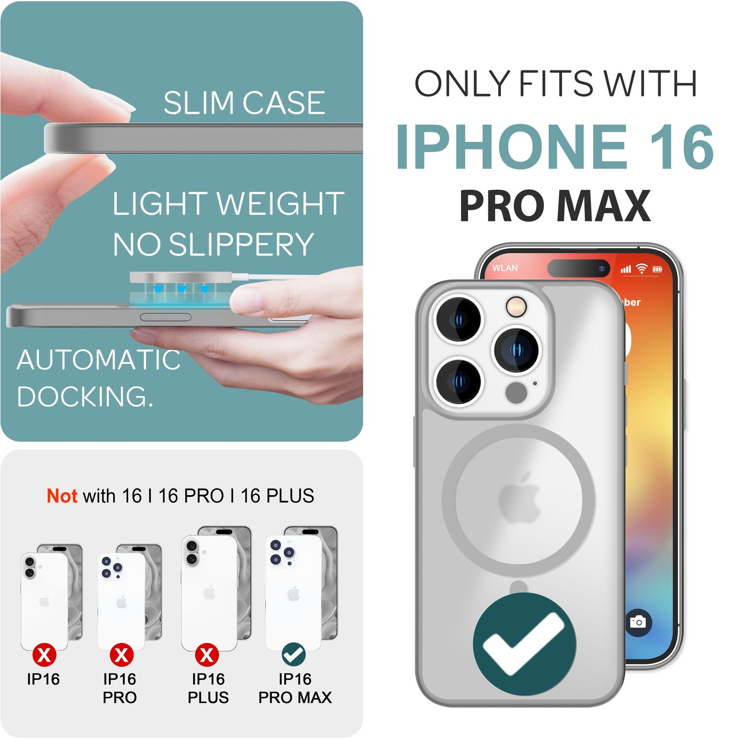 Una custodia per iPhone 16 Pro Max con etichette di testo e un iPhone.