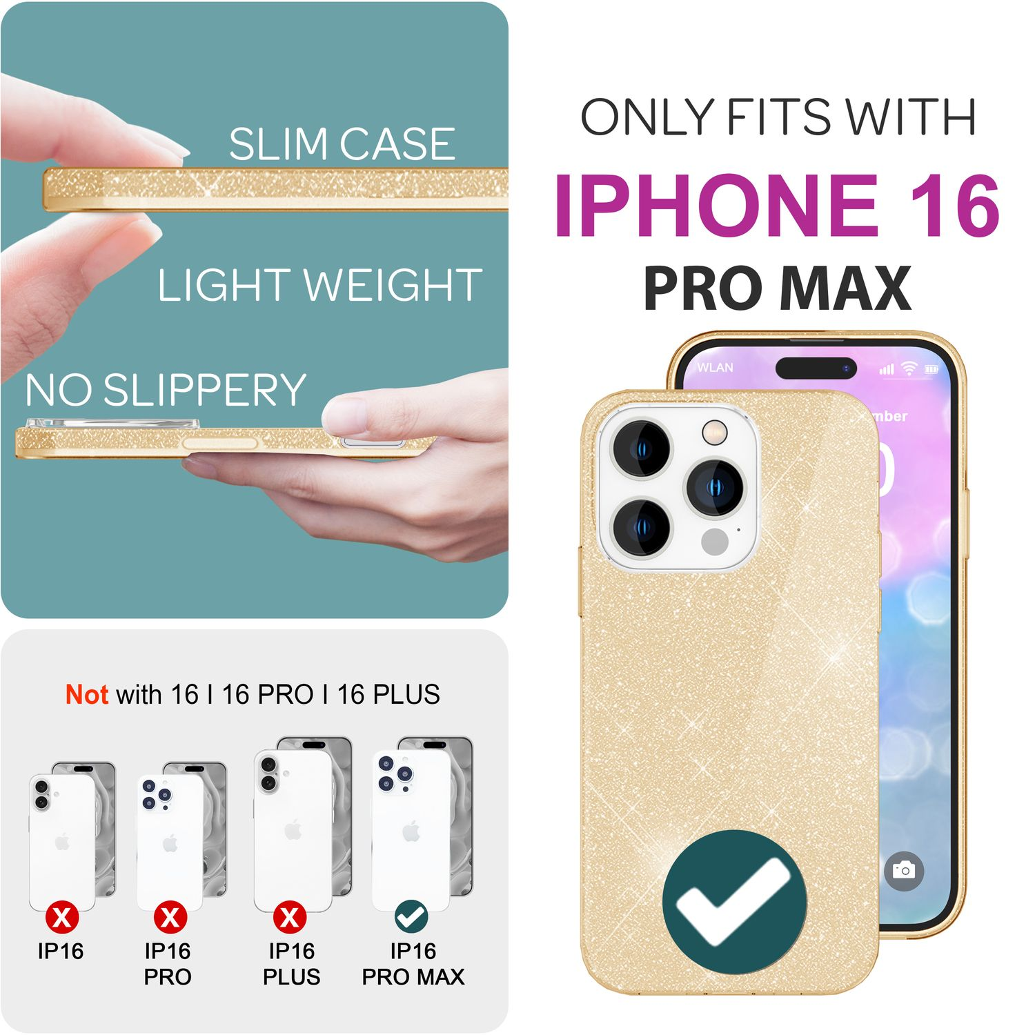 Bild mit dem Iphone 16 Pro Max und einer Hülle, mit dem Text 'NUR PASSEND FÜR IPHONE 16 PRO MAX'.