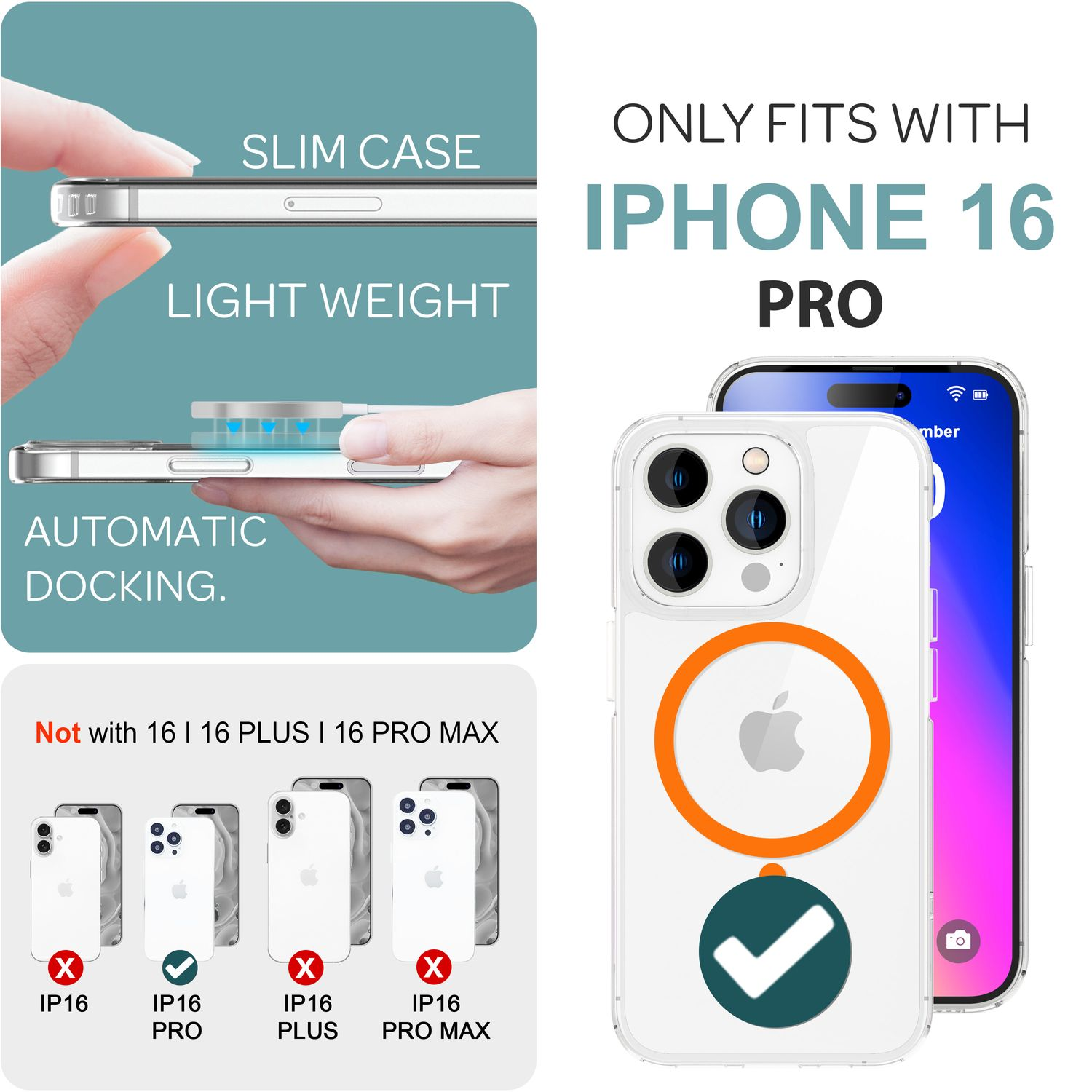 iPhone 16 Pro Hülle. Schlankes Design, automatische Andockfunktion. Info: Nicht für andere iPhone-Modelle.