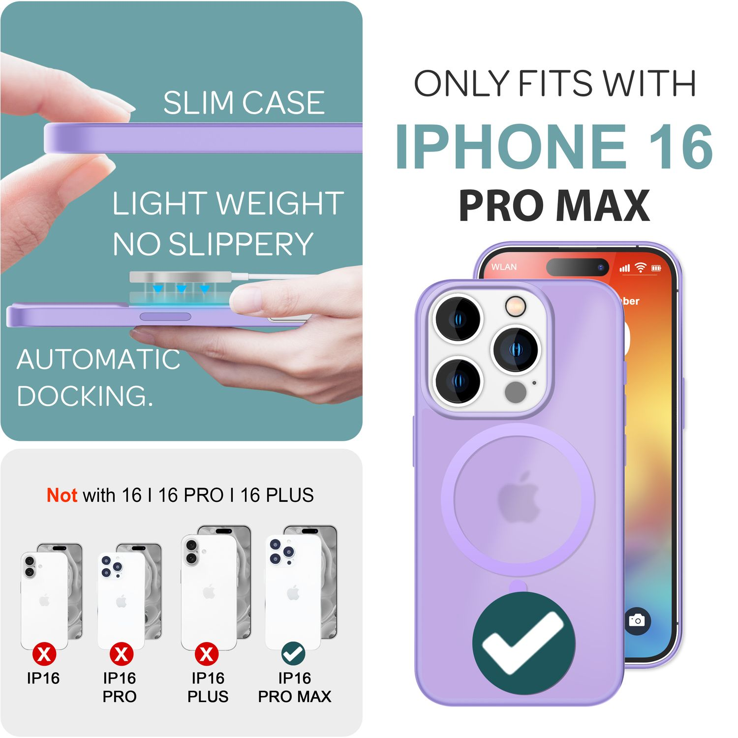Immagine con l'Iphone 16 Pro Max e una custodia, con il testo 'SOLO COMPATIBILE CON IPHONE 16 PRO MAX'.