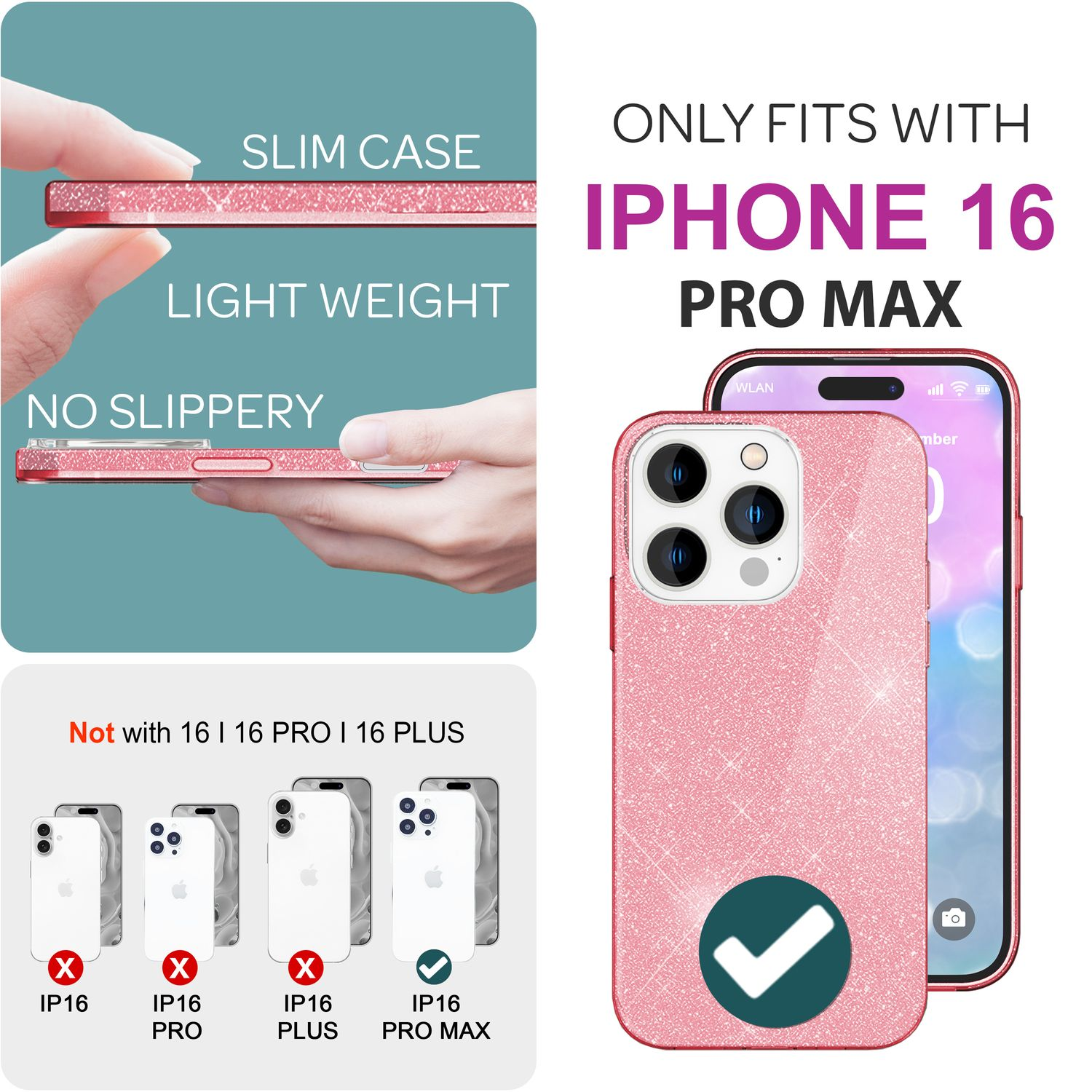 Pinkfarbene iPhone 16 Pro Max Hülle mit Glitzer. Zeigt die Funktionen wie schlank und leicht.