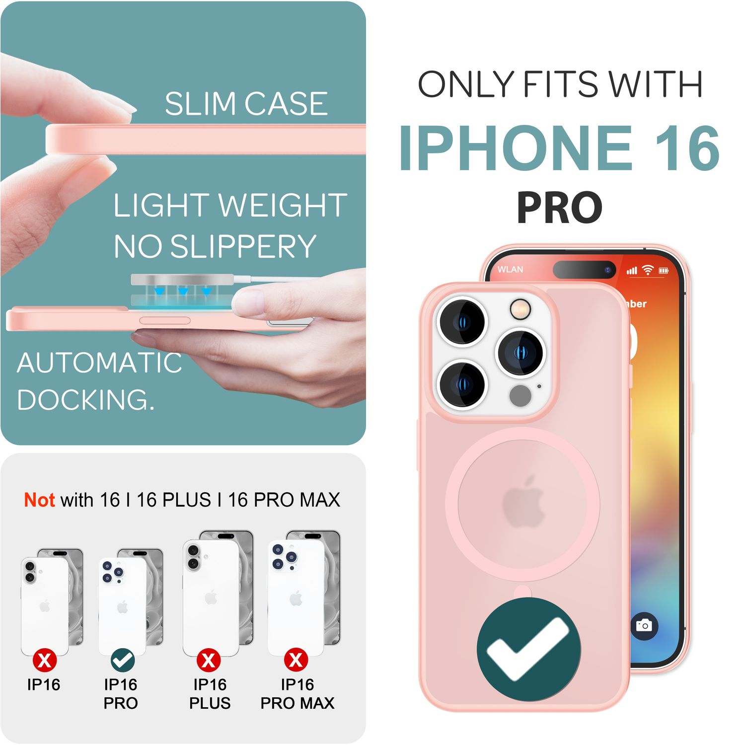 Rosa Handyhülle auf iPhone 16 Pro. Text: Schlank, leicht, rutschfest, automatisches Andocken.