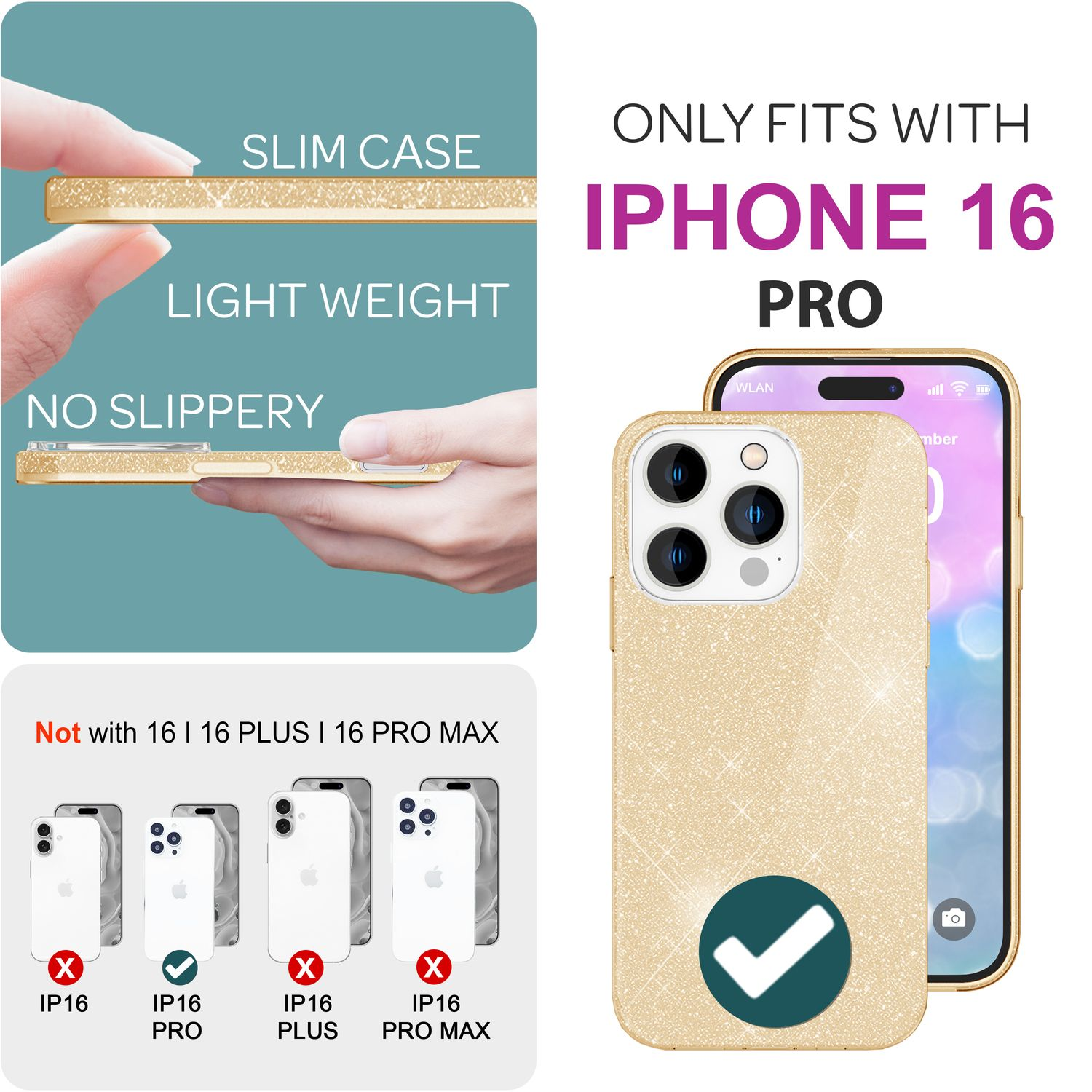 Handyhülle mit goldenem Glitzerdesign, das nur für das iPhone 16 Pro passt, nicht für andere Modelle.