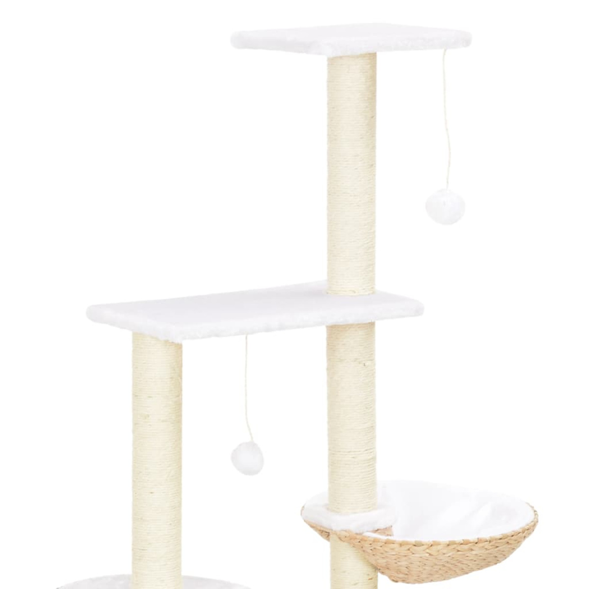 Katzenbaum mit Plattformen, hängenden Bällen und einem geflochtenen Korb.