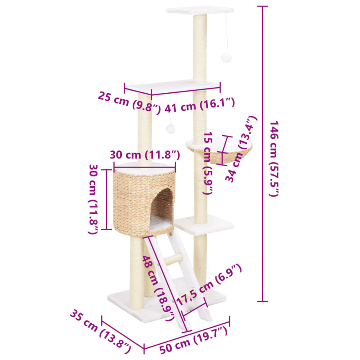 Katzenbaum mit Abmessungen. Beige Pfosten, Plattformen und ein Korb. Eine Leiter führt zu einem Versteck.
