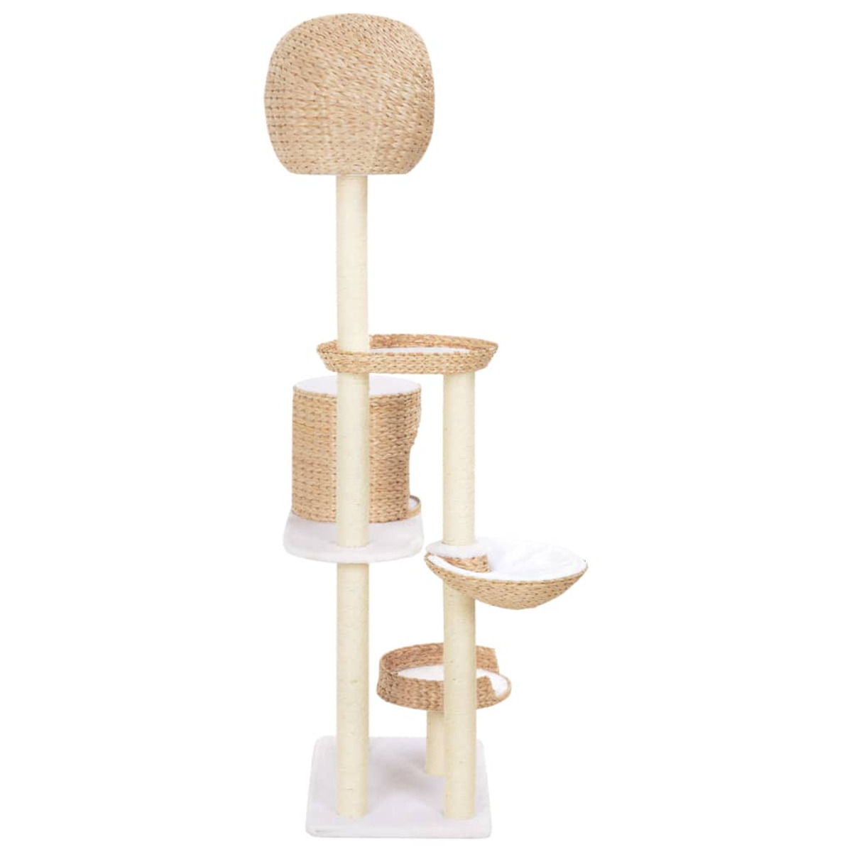 Katzenbaum mit mehreren Ebenen und Kratzbäumen. Beige und weiße Farbe.