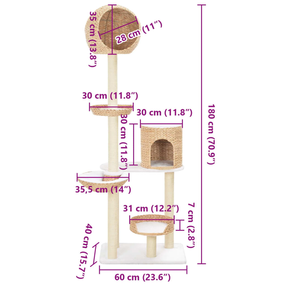 Katzenbaum-Diagramm mit Abmessungen. Beige Farbe. Mehrere Plattformen und Kratzbäume.