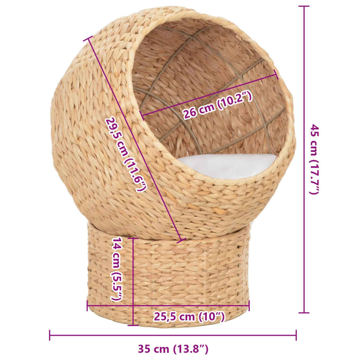 Gewebtes Katzenbett mit Größenangaben. Es hat eine runde Form auf einem Sockel.