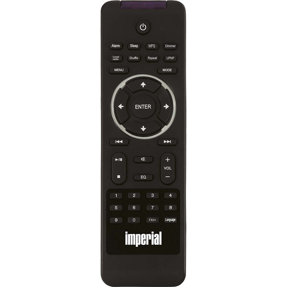 Czarny pilot z wieloma przyciskami. Ma przyciski zasilania, menu i numery.