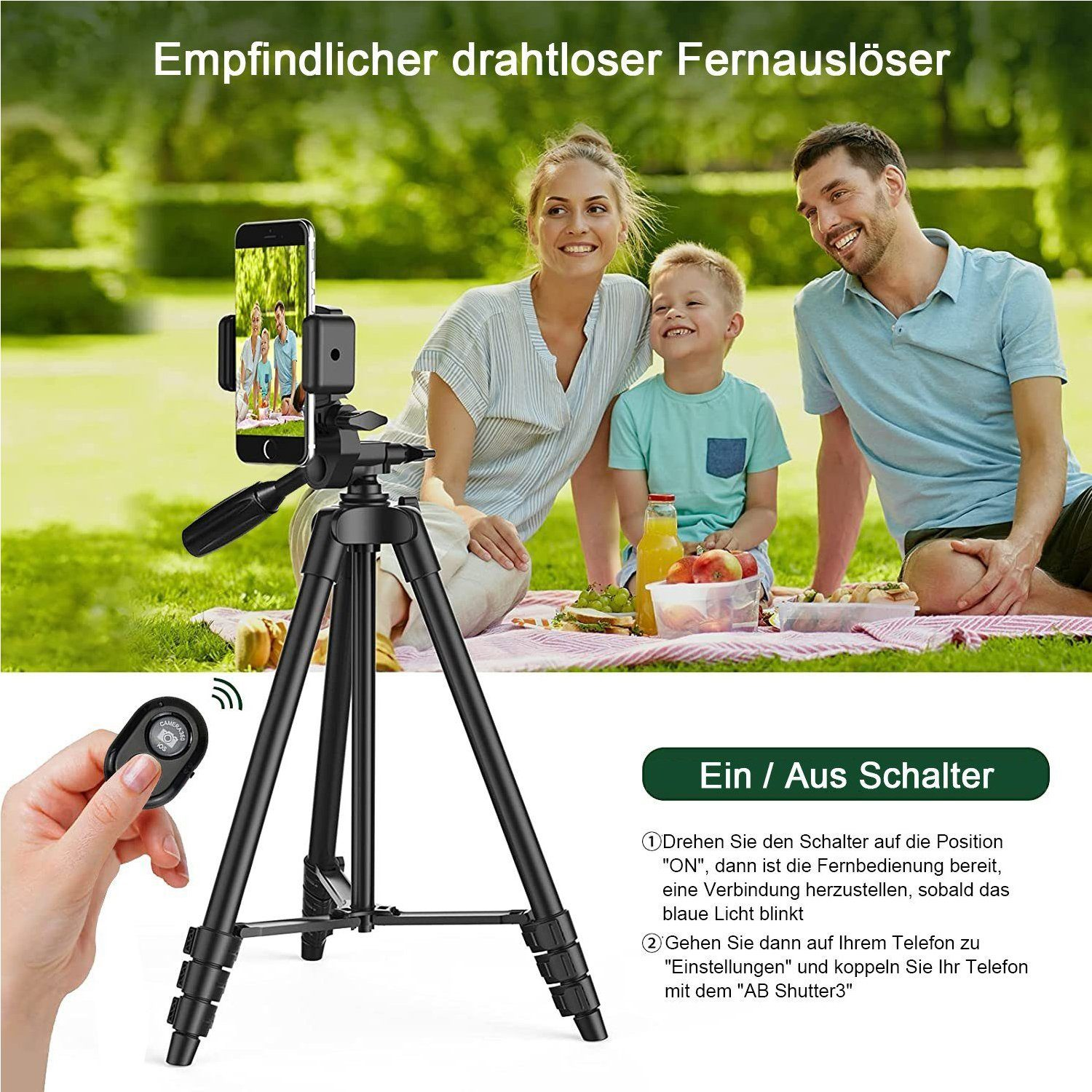 Familie benutzt Stativ mit Telefon. Fernbedienung in der Hand, Text erklärt Funktionen.