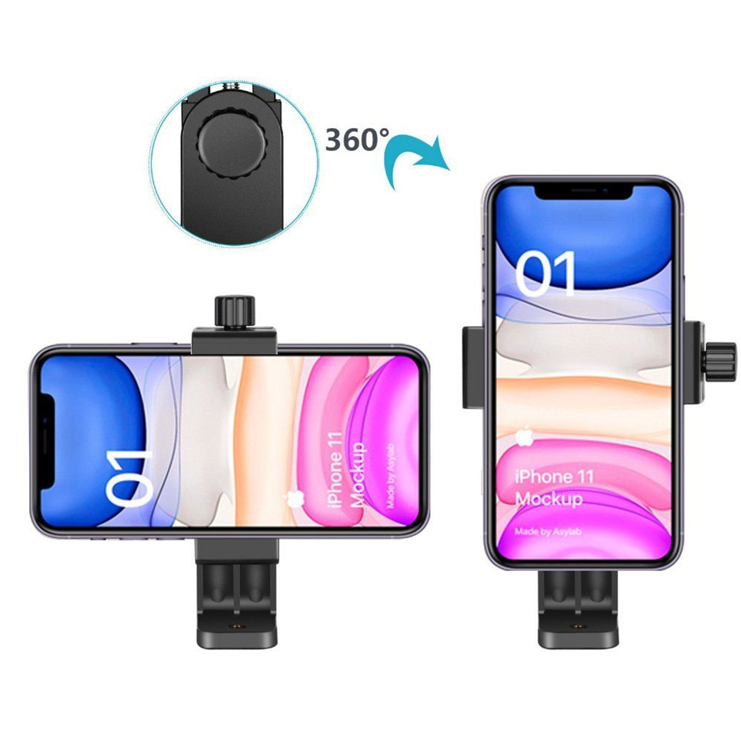 Eine Telefonhalterung, die ein Smartphone hält, mit zwei verschiedenen Ansichten, mit 360° Pfeil.