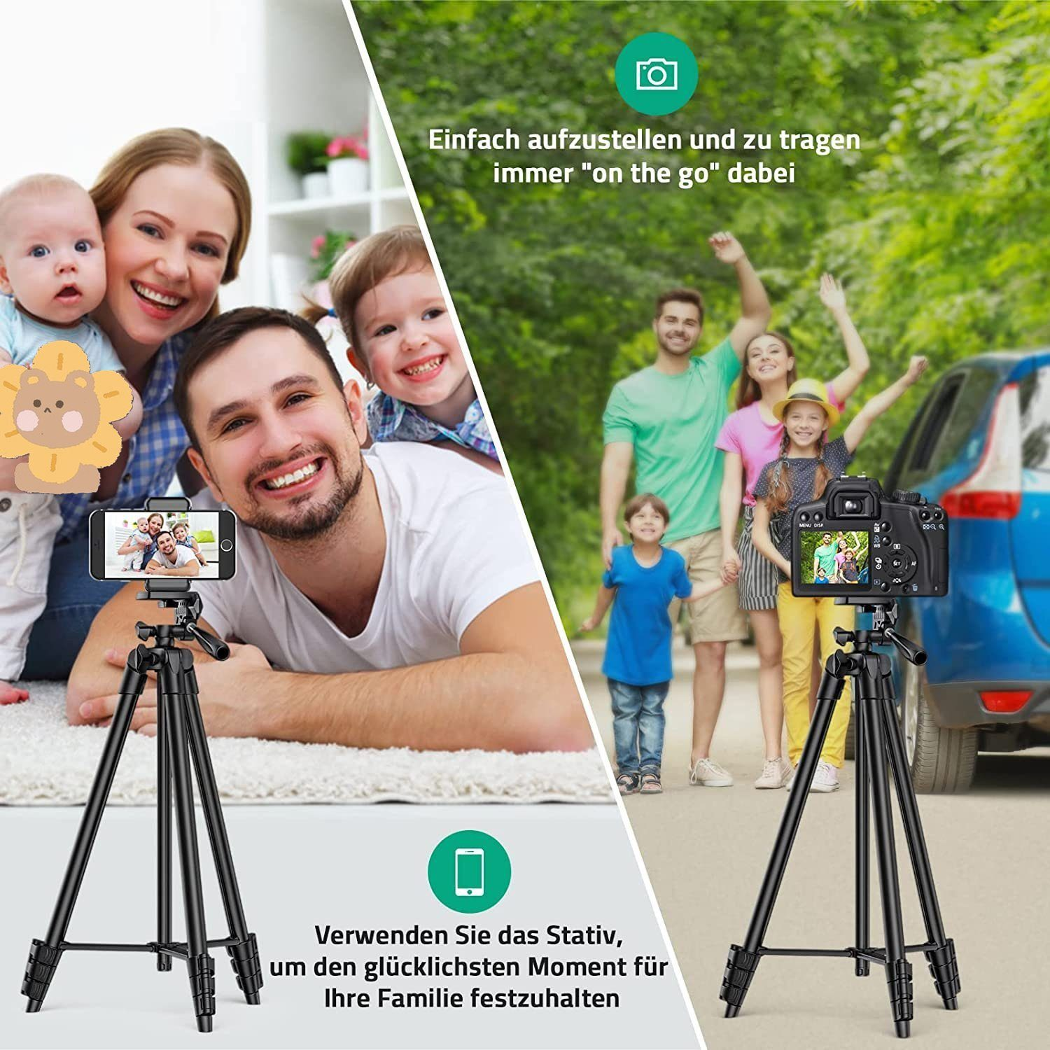 Eine Familie benutzt ein Stativ mit Smartphone, eine andere macht ein Foto mit Kamera.
