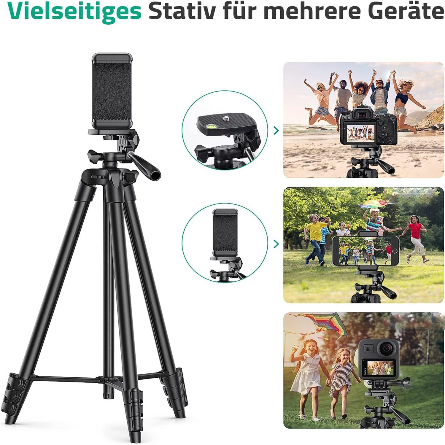Ein Stativ für mehrere Geräte. Zeigt verschiedene Anwendungsszenarien, einschließlich Filmen von Personen und einer Kamera.