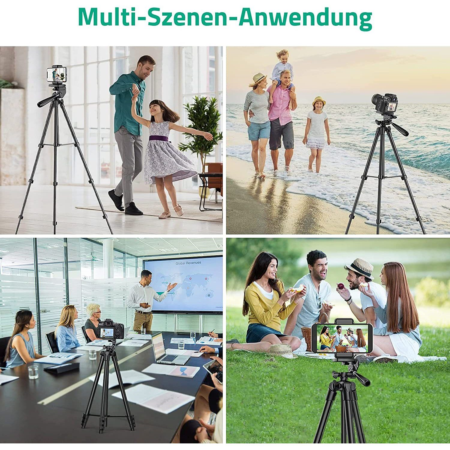 Collage zeigt ein Stativ in verschiedenen Szenarien: Tanzen, Strand, Büro, Picknick und Präsentation.
