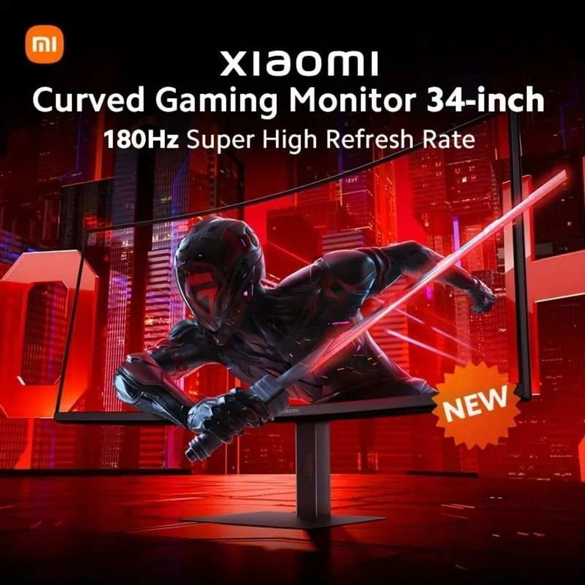 Een gebogen gamingmonitor met een futuristische scène met een figuur met helm en rode lichten.
