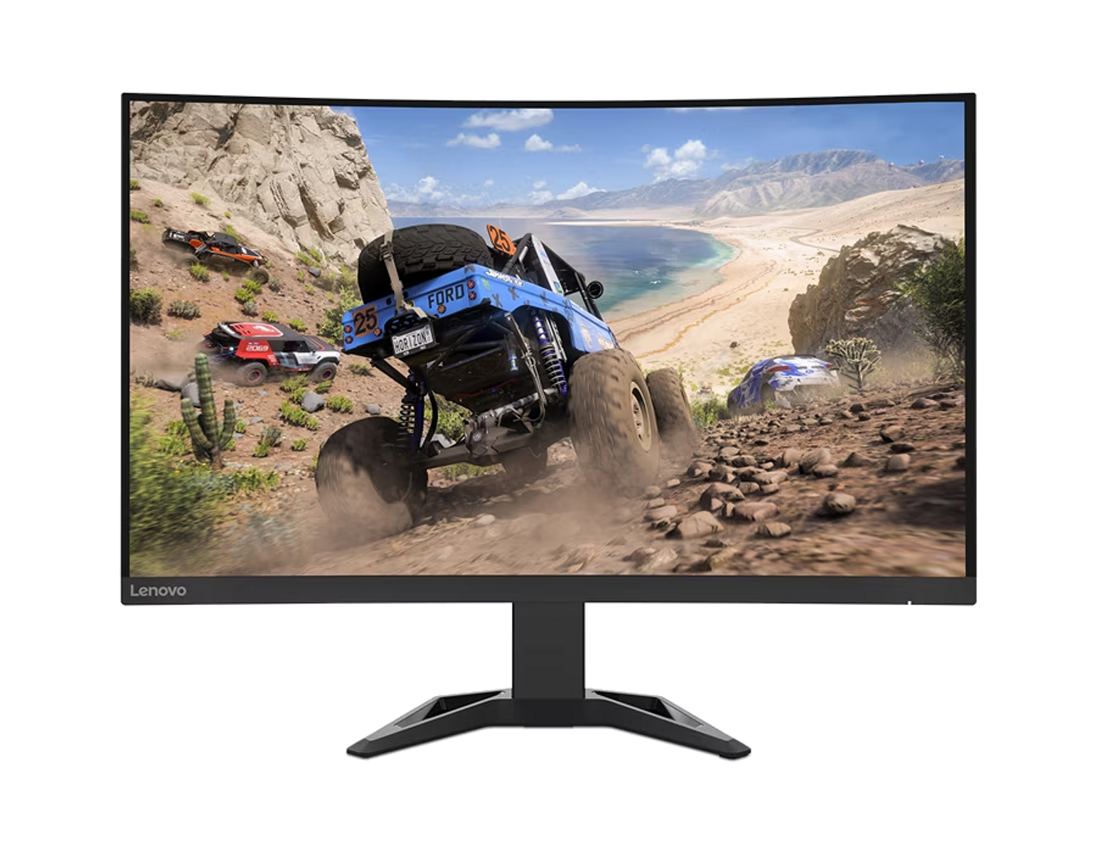 Monitor Lenovo wyświetla grę wyścigową z niebieską ciężarówką na skalistej trasie.