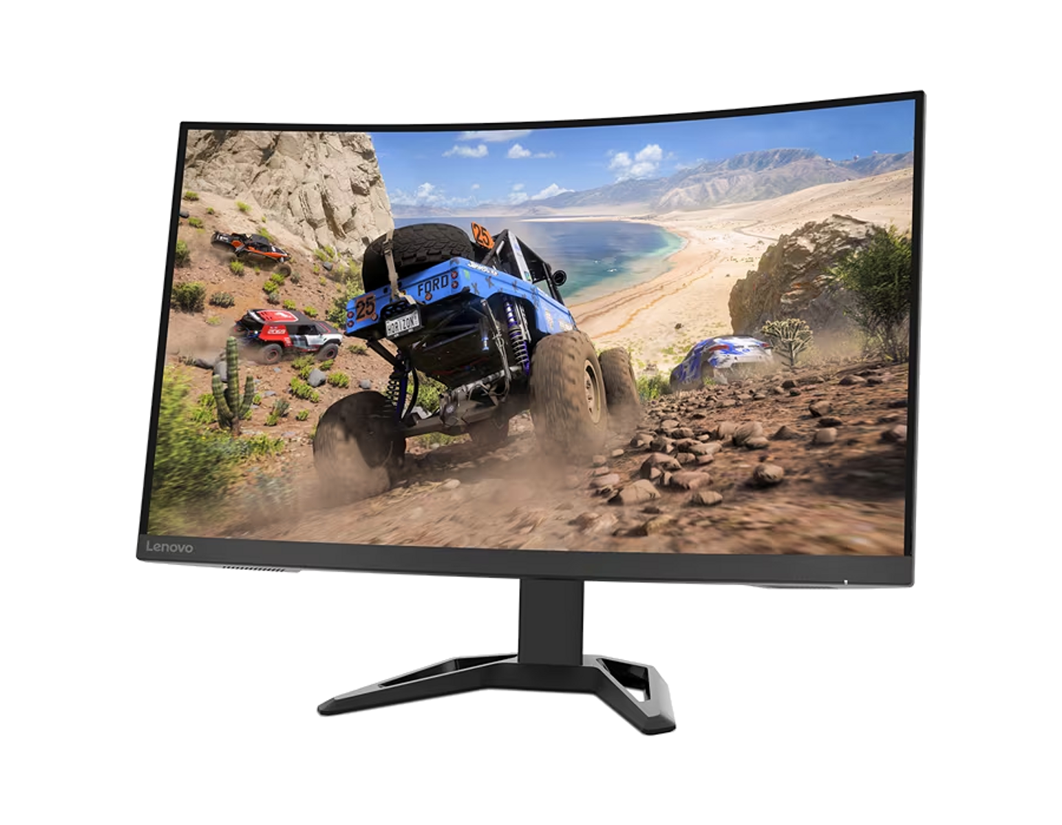 Zakrzywiony monitor wyświetlający grę wyścigową. Samochody ścigają się na torze z górami w tle.