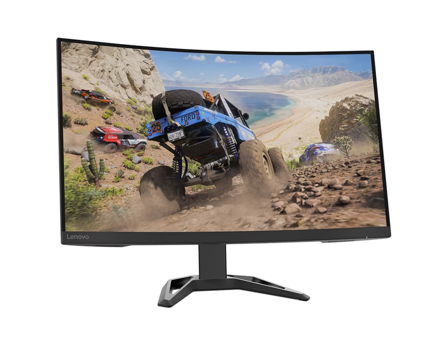 Zakrzywiony monitor z sceną gry wyścigowej z niebieskim samochodem na pustyni.