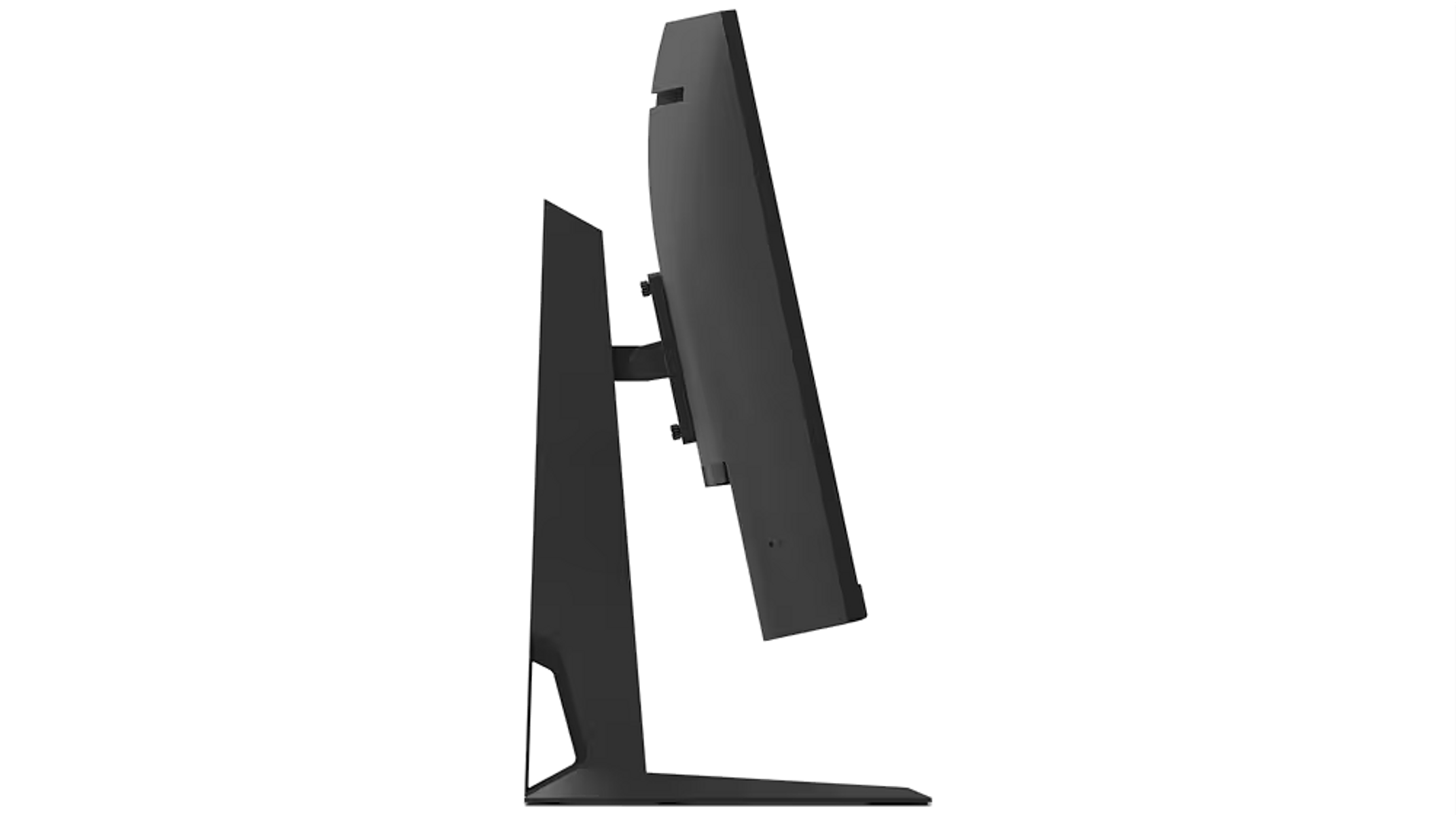 Czarny monitor z boku, ze stojakiem na czarnym tle.