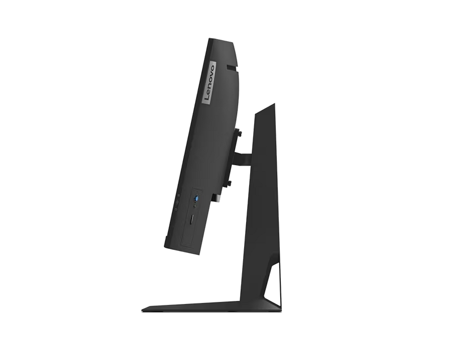 Czarny komputer All-in-One Lenovo, widok z boku, ze stojakiem i portami.
