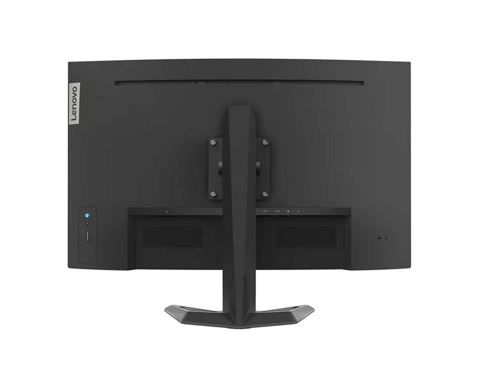 Widok z tyłu czarnego monitora Lenovo, ze stojakiem, portami i logo Lenovo po lewej stronie.