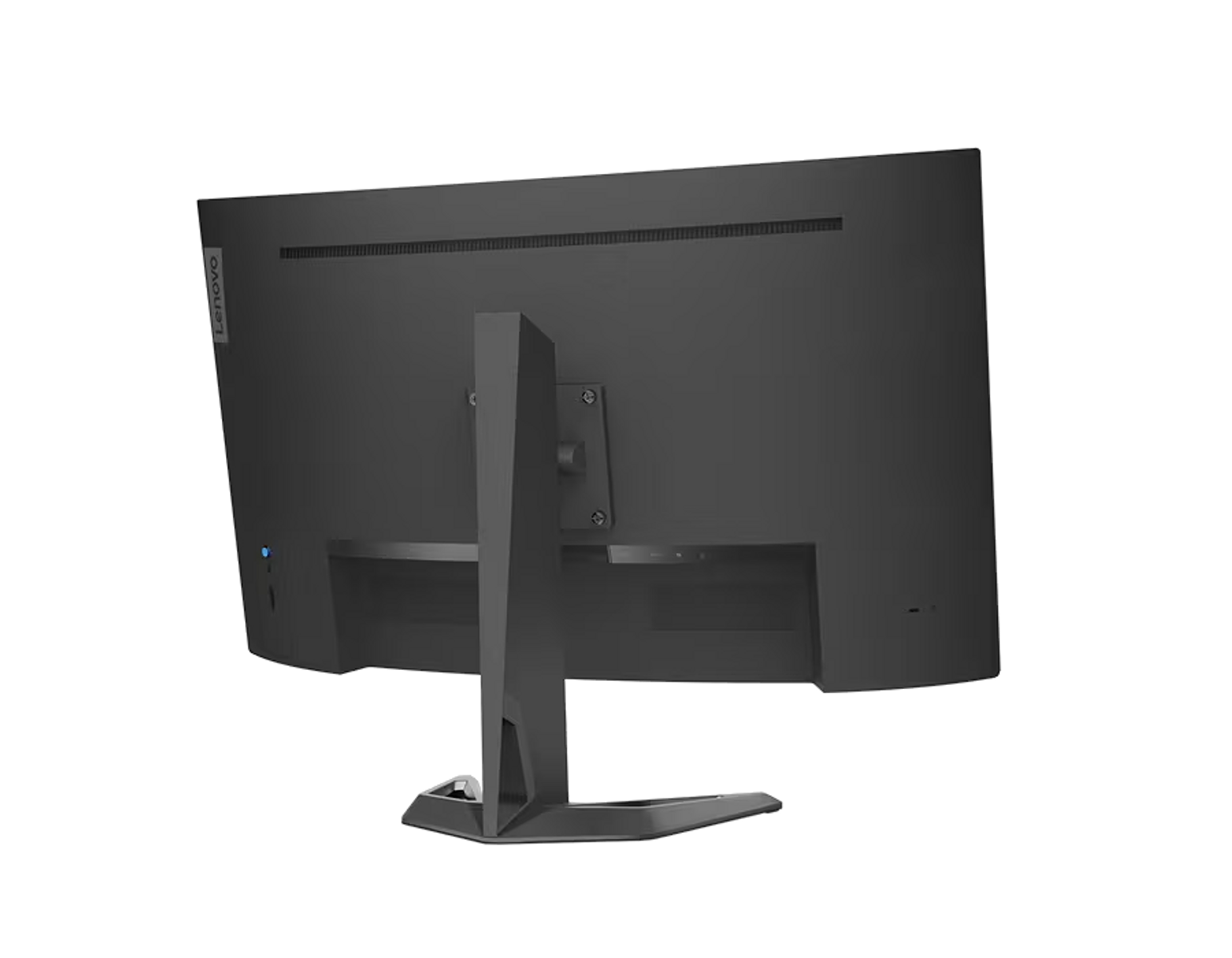 Tył czarnego monitora komputerowego ze stojakiem i logo Lenovo.