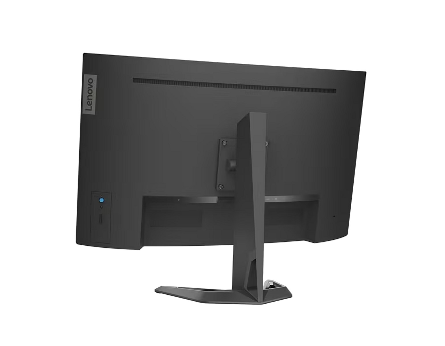 Czarny monitor komputerowy, logo Lenovo, podstawa i widok z tyłu na czarnym tle.