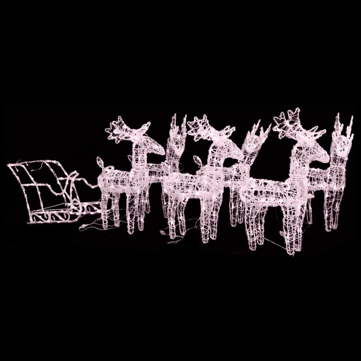 Weiße Weihnachts-Rentier-Lichtanzeige, ein Schlitten und sechs Rentiere auf schwarzem Hintergrund.