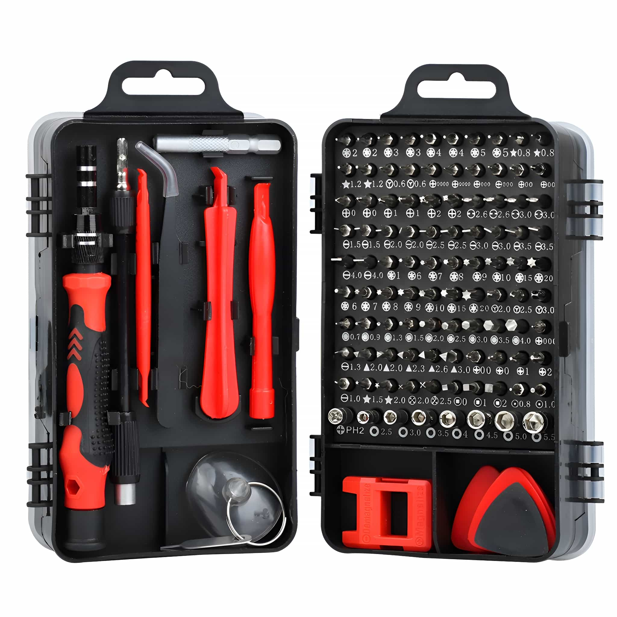 Geöffnete Werkzeugbox mit verschiedenen Werkzeugen für Elektronikreparaturen. Rote und schwarze Werkzeuge.