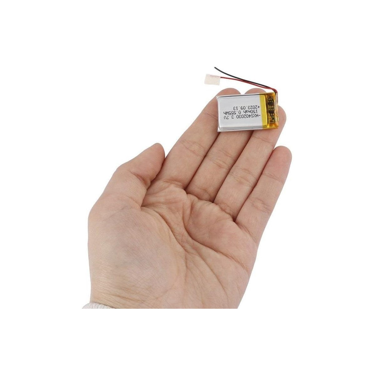 Kleiner rechteckiger Akku in einer Hand, mit angeschlossenen Drähten. Text auf dem Akku lautet '2023.09.13'.