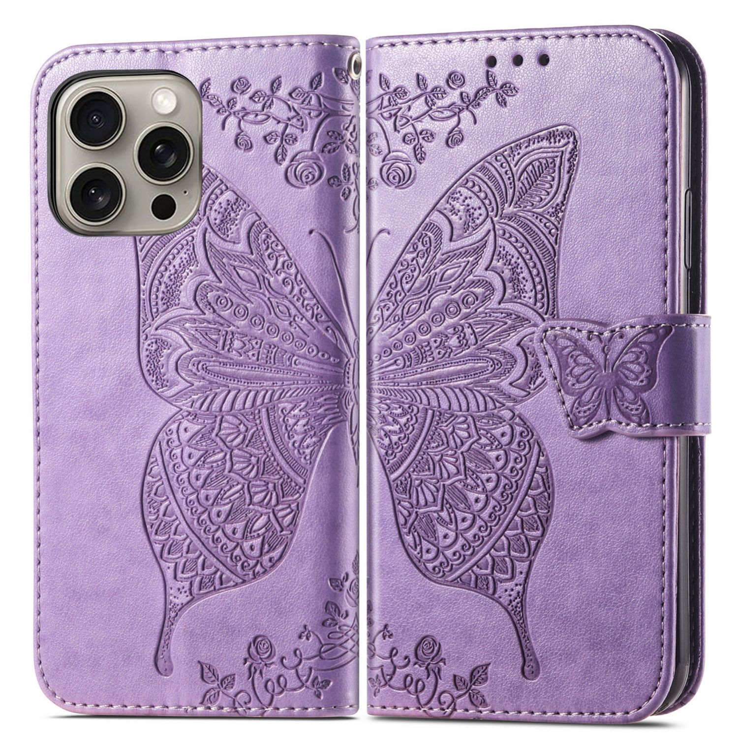 Lila Handyhülle. Geprägtes Schmetterlingsdesign mit Magnetverschluss.
