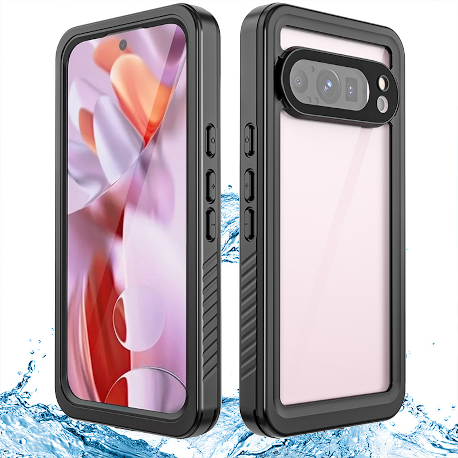 Zwei Telefonhüllen. Eine links, die andere rechts, beide schwarz. Wassertropfen um sie herum.