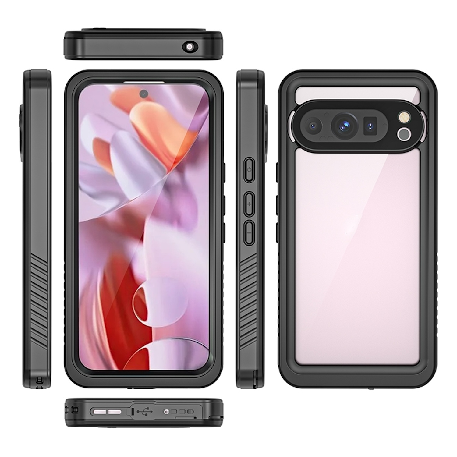 Smartphone-Hülle mit mehreren Ansichten. Schwarze Hülle mit durchsichtigem Rücken, Seitentasten und Kameradetails.