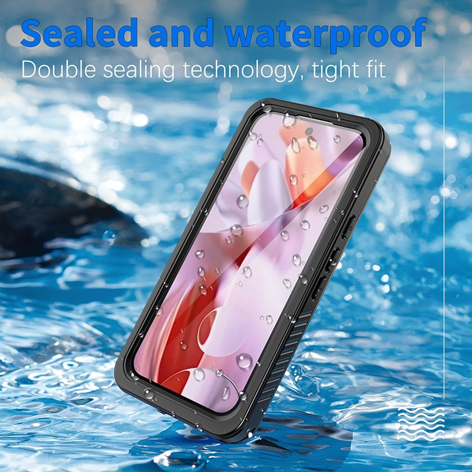 Wasserdichte Handyhülle im Wasser, mit Wassertropfen. Das Telefon ist sichtbar.