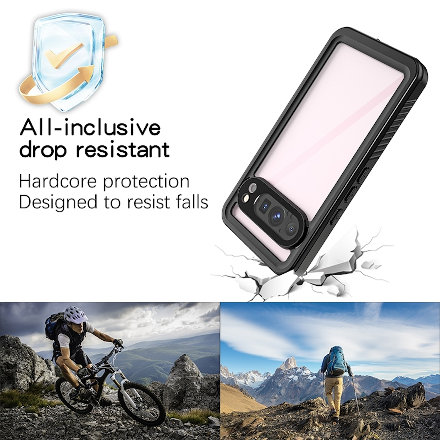 Handyhülle mit einem Handy darin. Zeigt einen Mann auf dem Fahrrad und beim Wandern.