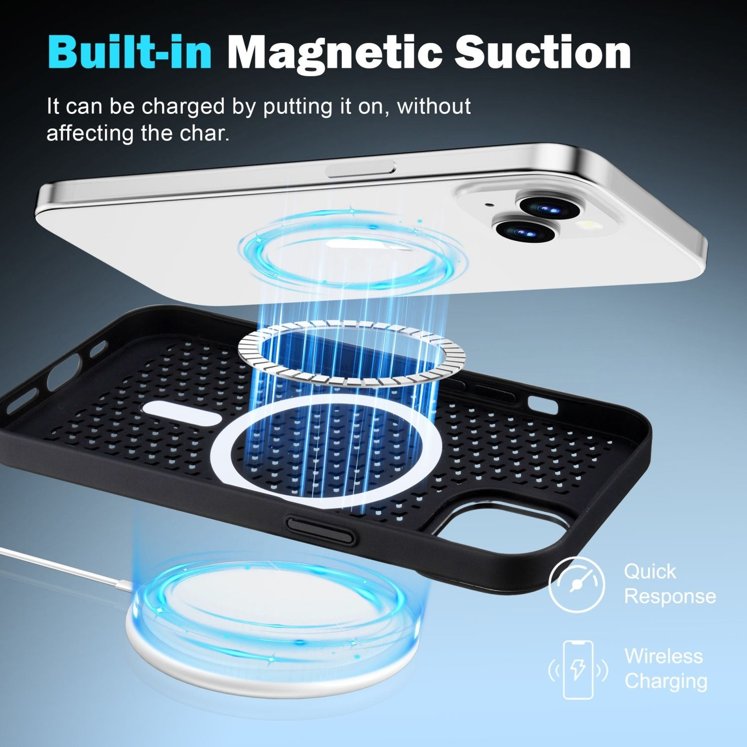 Telefon mit magnetischem Laden, kabellosem Laden und Text 'Built-in Magnetic Suction'.