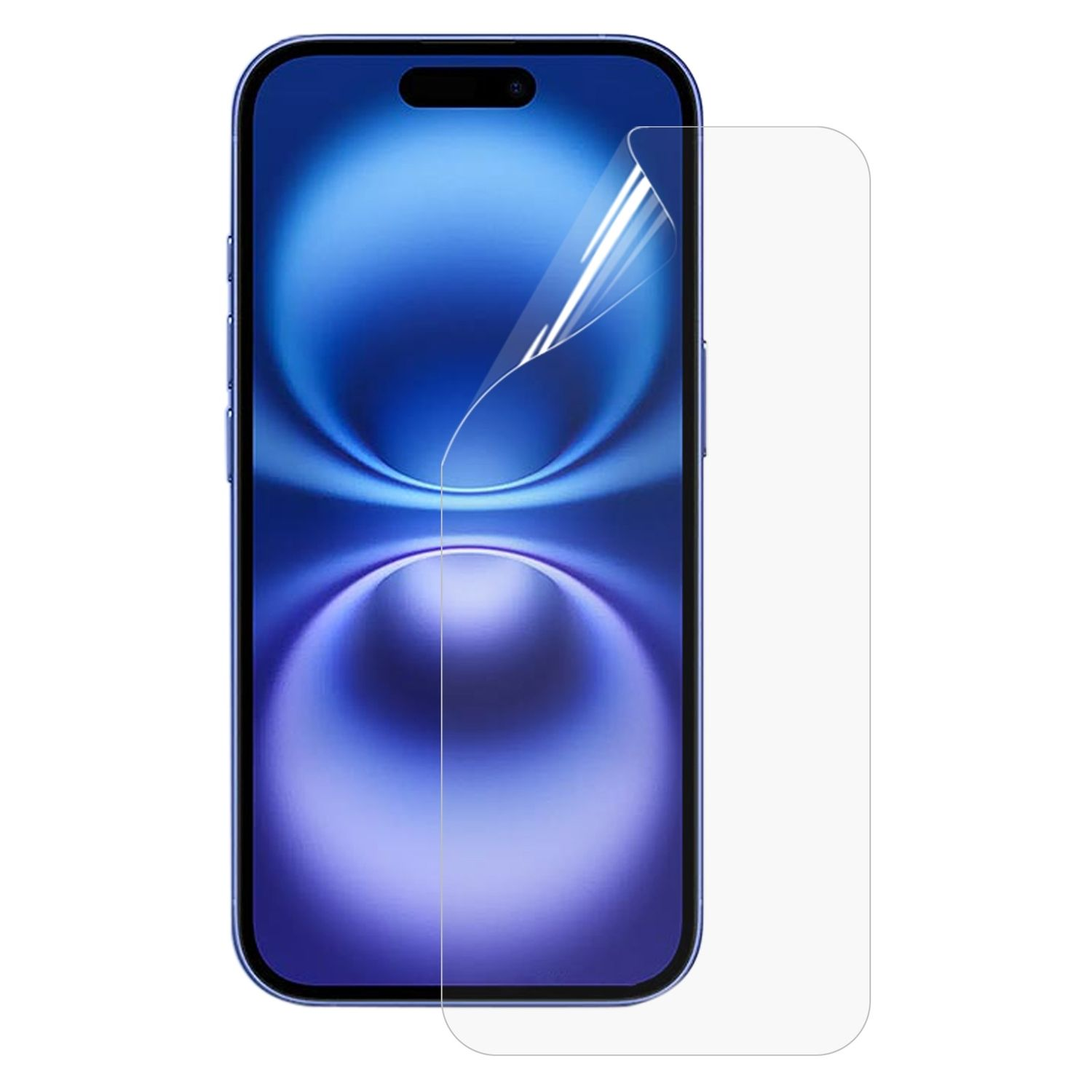 Uno smartphone con una protezione per lo schermo applicata. Il telefono è blu, la protezione è trasparente.
