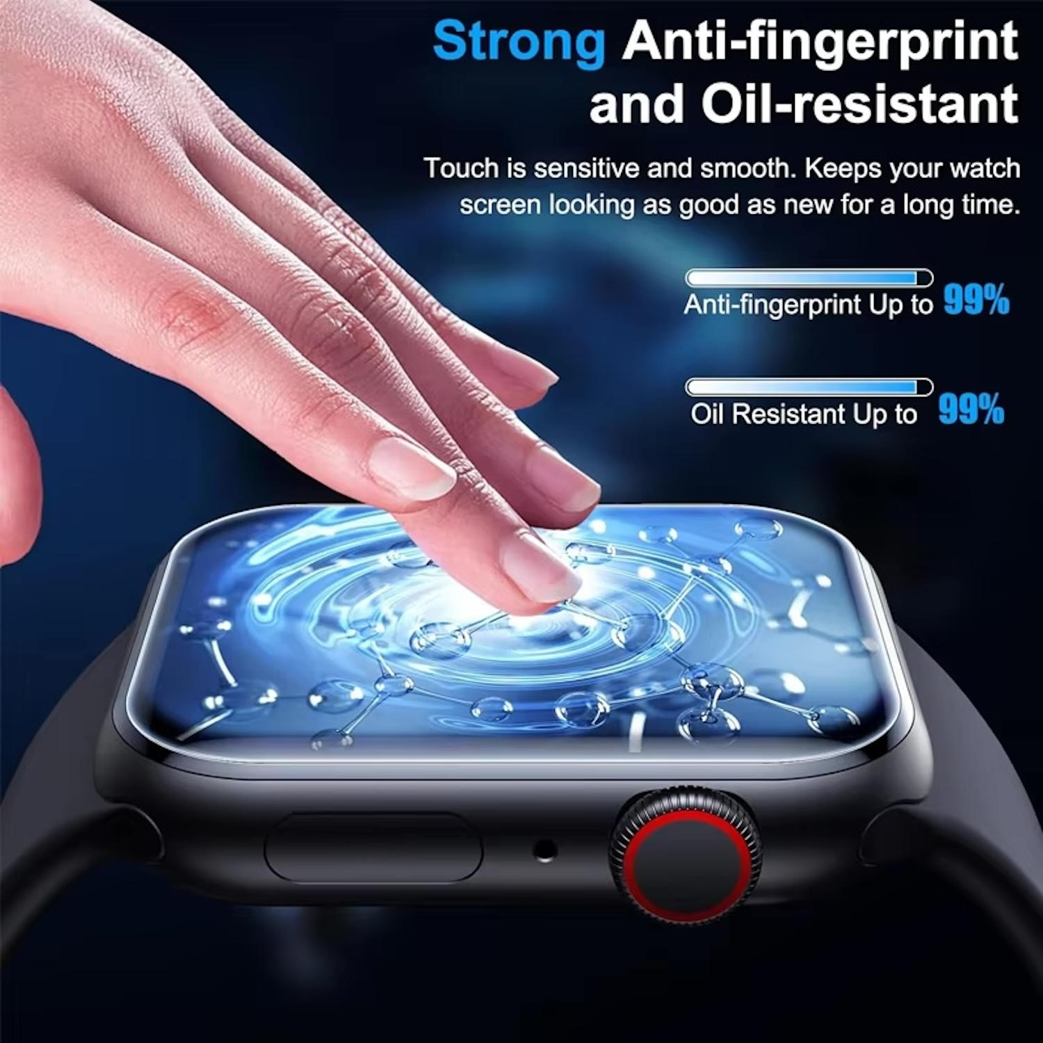 Eine Hand berührt einen Uhrenbildschirm, der einen Displayschutz zeigt. Text besagt Anti-Fingerabdruck und ölbeständig.