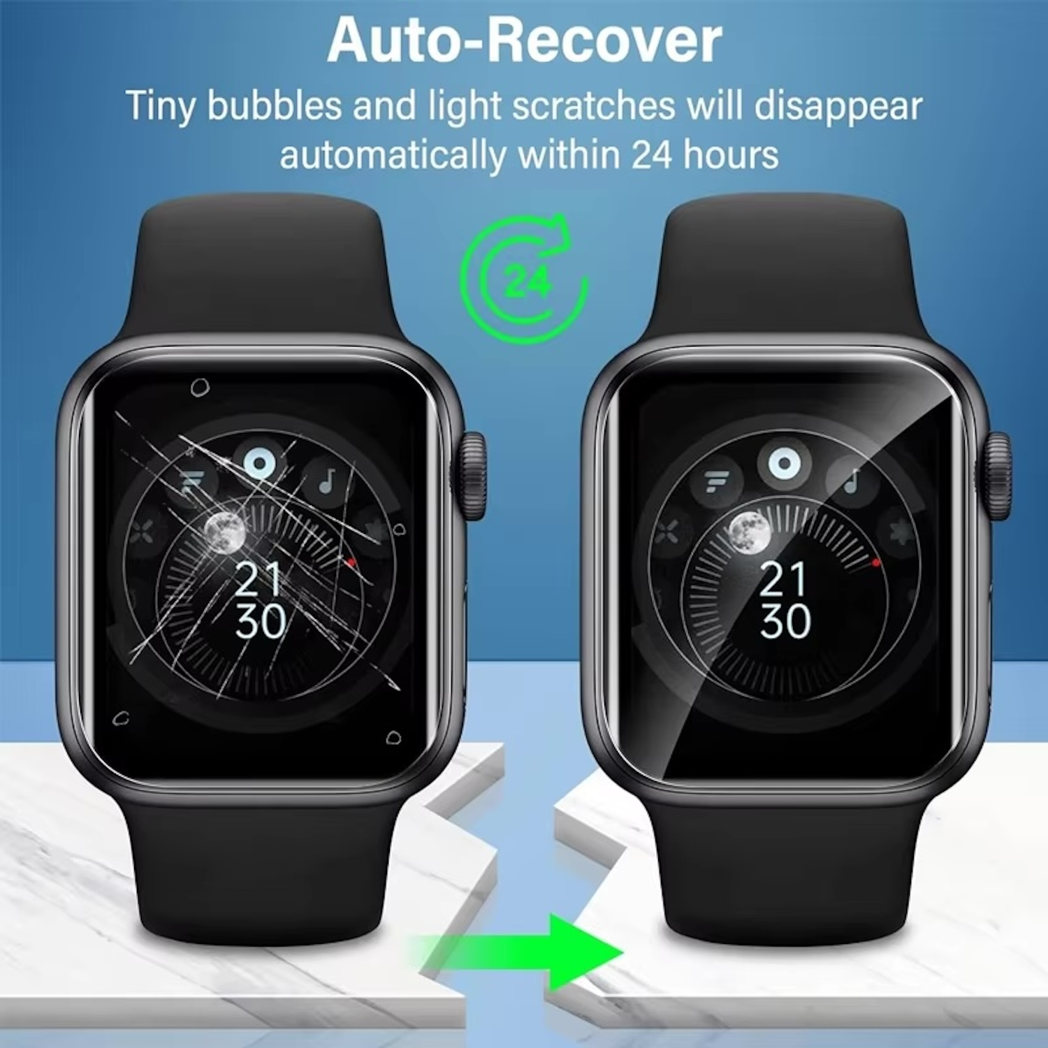 Zwei schwarze Smartwatches. Eine mit gesprungenem Bildschirm, die andere repariert.