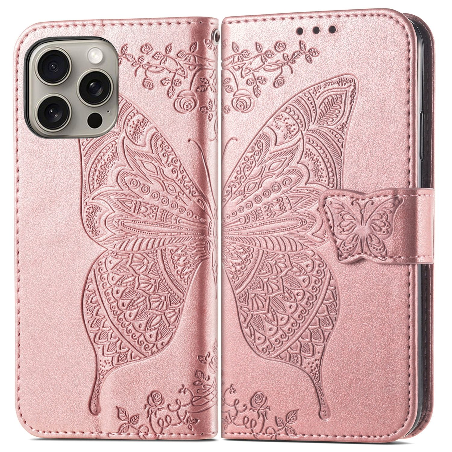 Eine rosa Leder-Handyhülle mit einem geprägten Schmetterlingsdesign. Blumen und Schmetterling.